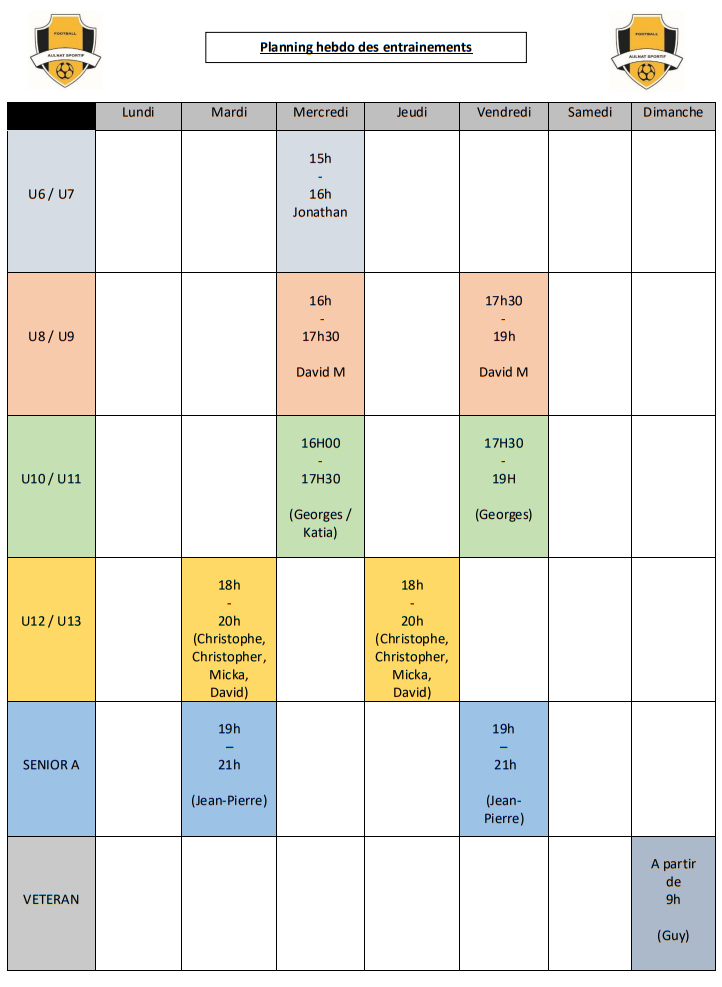 Plannings des entrainements année 2022-2023 - club Football Aulnat ...
